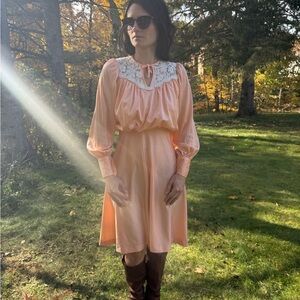Vintage 70s peach polyester prairie midi dress hippie boho ren faire